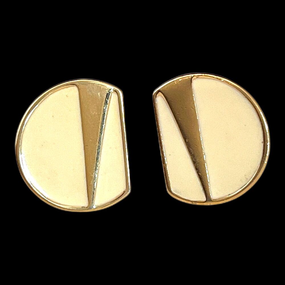 Vintage 1980s Monet Clip On Earrings Gold Tone Cream Enamel Geometric - 12V